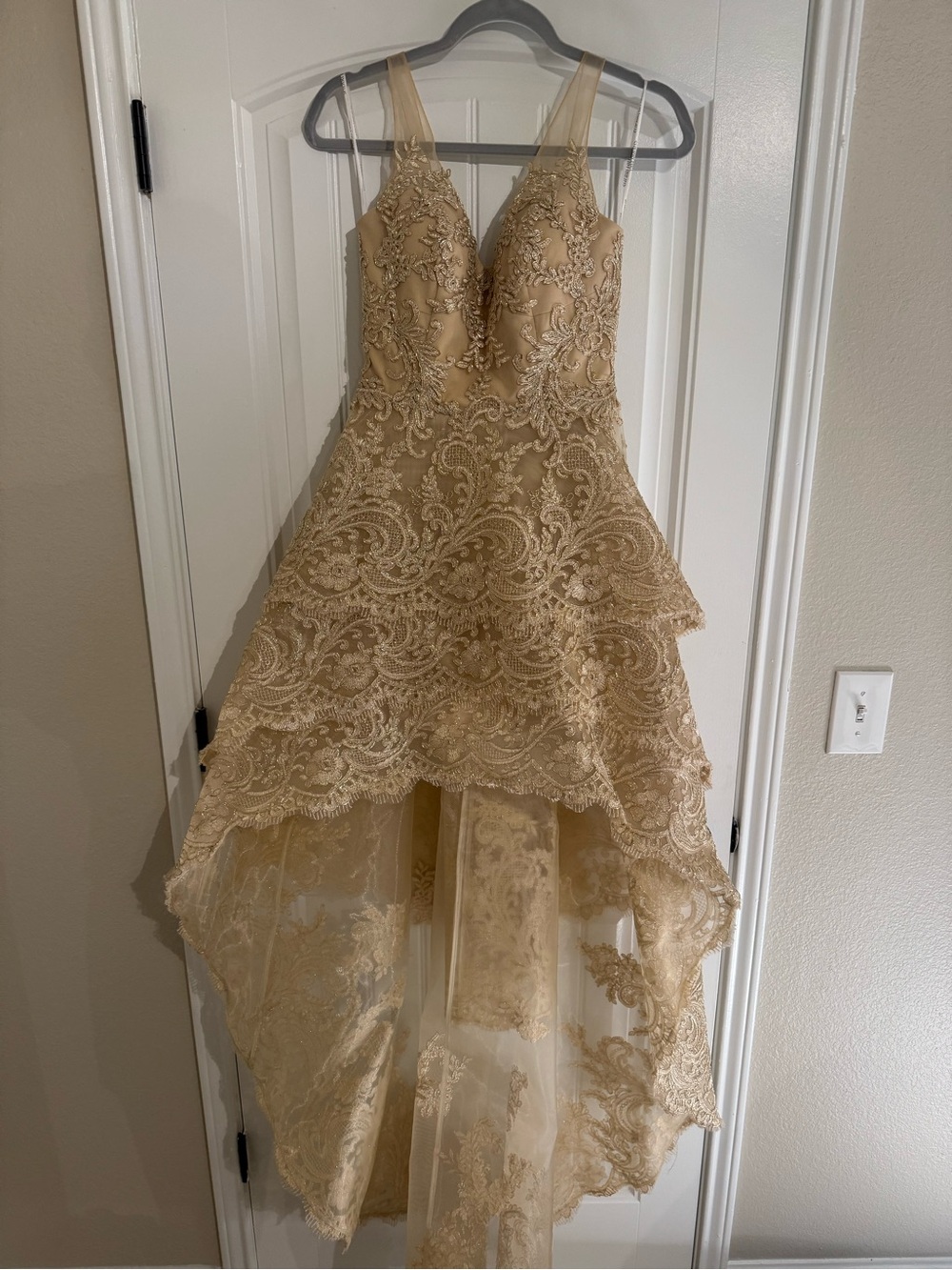 Sherri Hill Gold Lace High-Low Plunge V-Neck Gown